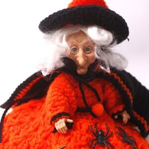 Hand Made 80s Vintage Crochet Spider Witch Halloween Decorative Doll Orange Bla